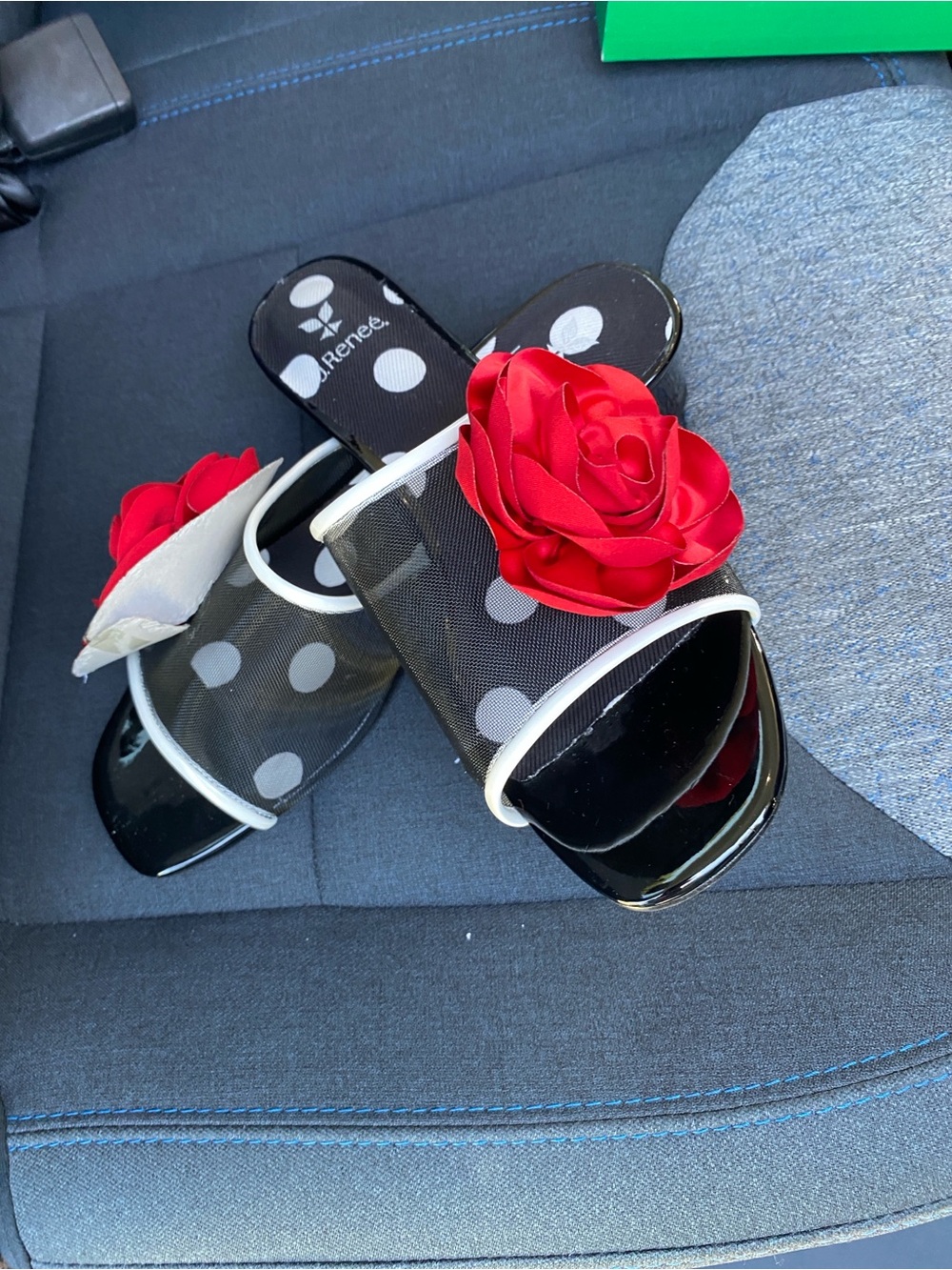 Polka Dot Black Slide Sandals with Red Rose Accent